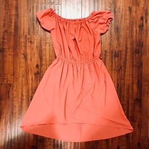 Dusty coral off the shoulder high low dress